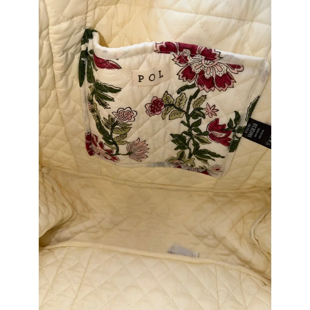 POL Hand Block Print Quilted Tote Bag Floral Cotton Cream Pink Green SMQE18 NEW - Picture 5 of 6